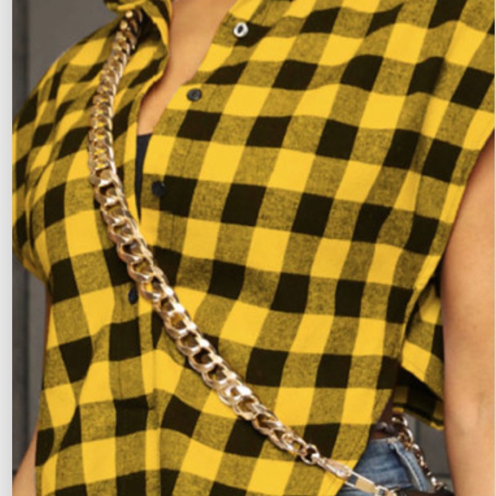 Collard Blouse | Asymmetrical Split Top | Yellow Plaid Shirt